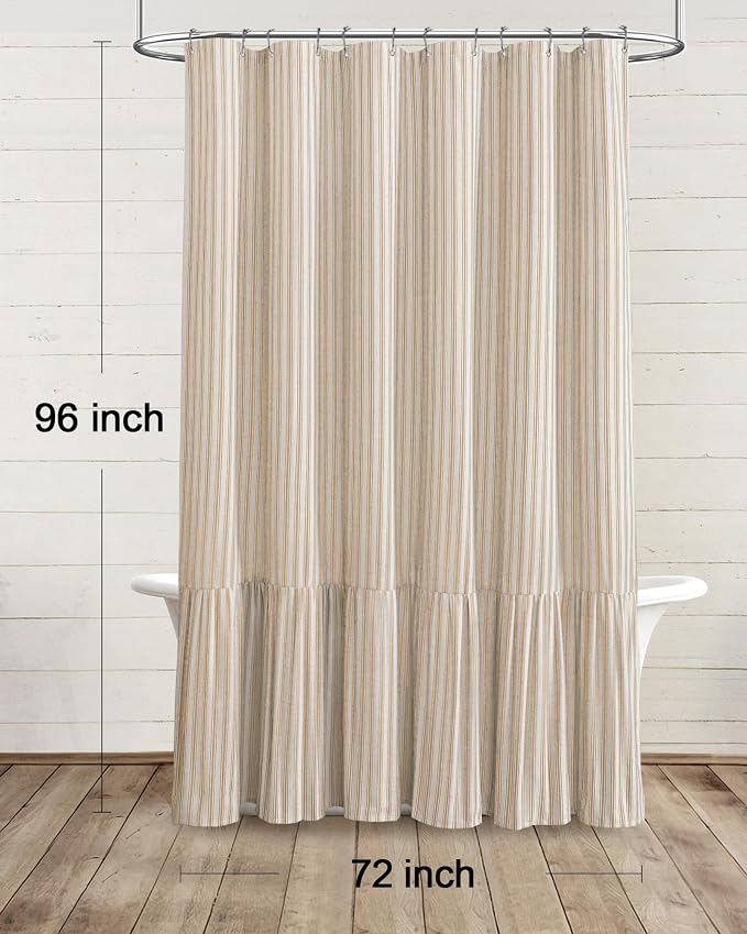 Farmhouse Shower Curtain Ruffle Linen Cream-Beige Stripe 72"W x 96"L | Farmhouse Boho, Striped, Bottom Ruffle, Linen Fabric, Rustic, Country, Natural Look, Washable, for Bathroom Bathtub