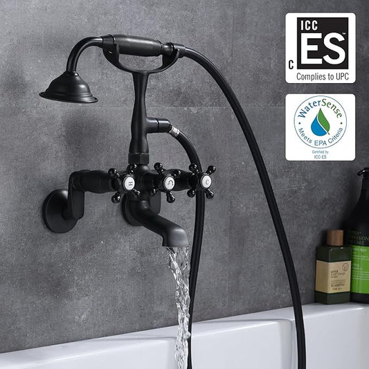sumerain Vintage Wall Mount Clawfoot Tub Faucet Matte Black with Hand Shower, 3" to 9" Adjustable Holes Distance