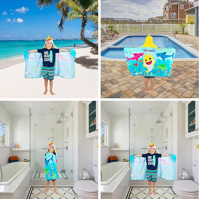 Franco Baby Shark Bath/Pool/Beach Soft Cotton Terry Hooded Towel Wrap, 24 in x 50 in, Kids