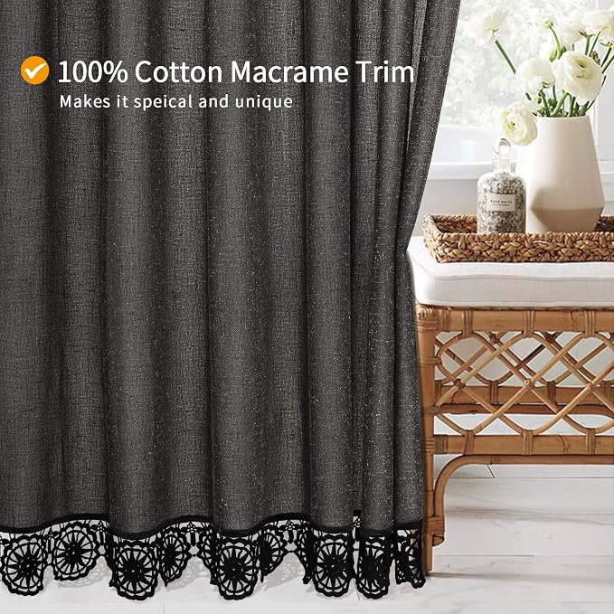 Linen Boho Lace Shower Curtain Liner Set 72x72 | Farmhouse Shower Curtain with Macrame Decor, Bohemian Cotton French Country Bath Curtain , Dark Grey