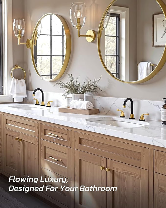 ARCORA Bathroom Sink Faucet 3 Hole - 8 Inch Widespread Bathroom Faucet 2 Handle Vanity Faucet with Pop Up Drain and cUPC Supply Lines, Black and Gold Bathroom Faucet