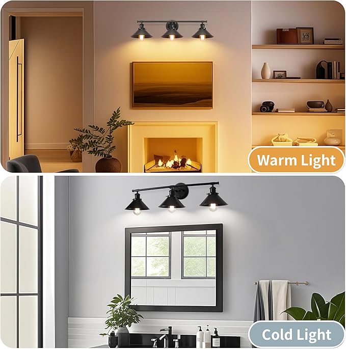 Upgrade Black Farmhouse Bathroom Light Fixtures, Vanity Lights for Bathroom | 32" Larger Size, Solid Metal Shade, Matte Black Vanity Light, 32"-48" Mirror, 3-Light Rustic Industrial Kitchen Wall Sconce