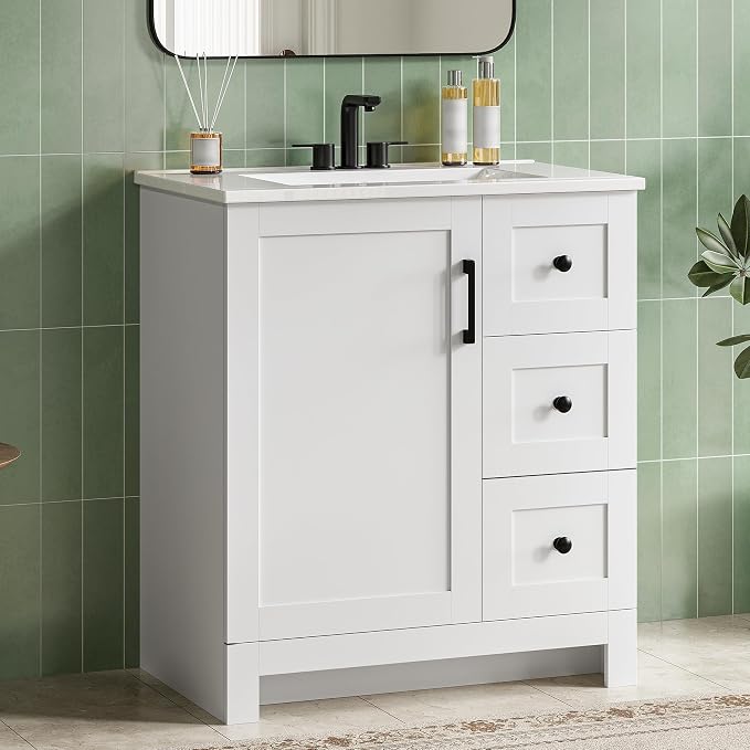 LIKIMIO 30" Bathroom Vanity with Sink, 2 Soft-Close Drawers & 1 Door, White | Freestanding Bathroom Vanity, Integrated Rectangular Ceramic Sink, Modern Bathroom Storage Cabinet, Assembly Required