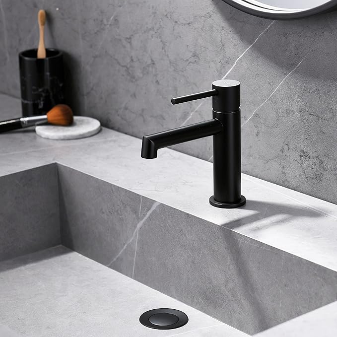 Bathroom Faucet, Indare Single Hole Brass Matte Black Bathroom Faucet with Pop-up Sink Drain Assembly and Faucet Supply Hose