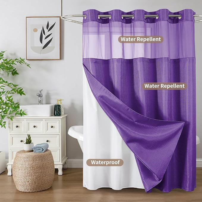 Colorful Star Purple No Hook Waffle Shower Curtain with Liner, 72"W x 75"L | Waterproof Shower Curtain with Snap in Fabric Liner and Mesh Top Window, Hotel Style Heavy Duty Thick Bathroom Curtain