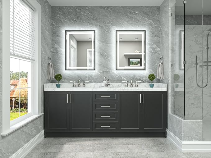 24 x 32 Led Mirror Brushed Gunmetal Gray/Off‑Black Metal Frame Frontlit & Backlit Vanity Mirror Anti-Fog Stepless Dimmable 3 Colors White/Warm/Natural Wall Mirror with Lights Wall-Mounted