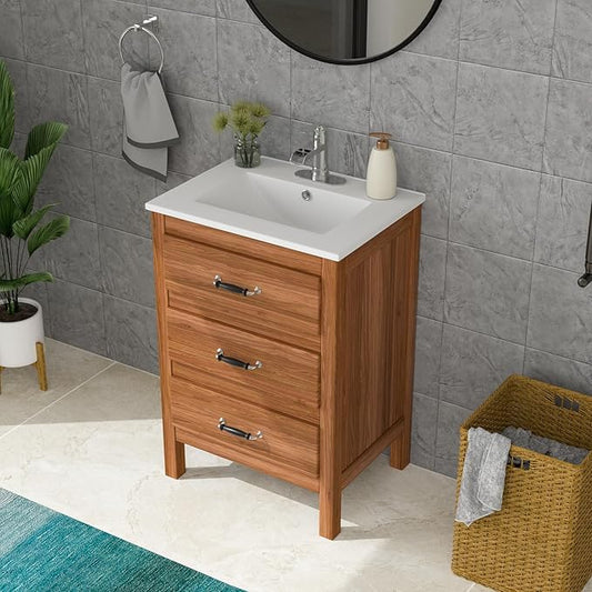 Lordear White Bathroom Sink 24 X18 Inch Vanity Sink Tops One Hole Drop In Porcelain Ceramic Bathroom Vanity Top Sink Basin 24" Inch Sinks for Bathroom