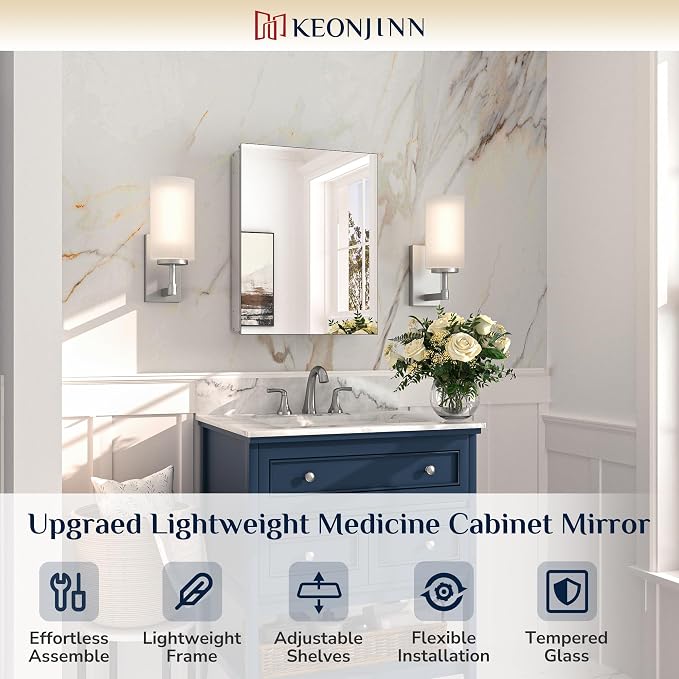 Keonjinn Small Medicine Cabinet with Mirror 14 x 18 Inch, Aluminum Frame | Assembly Needed, Freely Adjustable Shelves, Recessed or Wall-Mounted, Safe Tempered Glass with Clear Reflection, DTC Hinges