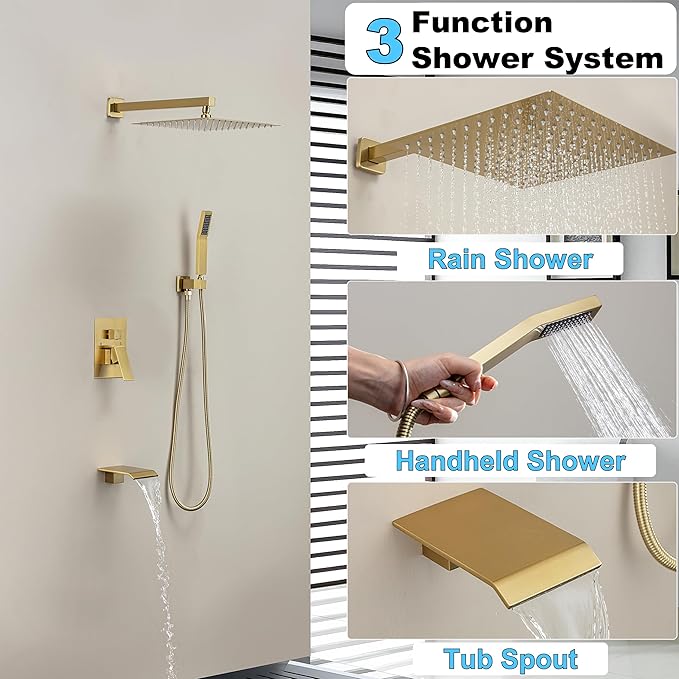 Shower System with Tub Spout, 12-Inch High-Pressure Rain Showerhead and Handheld Combo, Brushed Gold Shower Faucet Set with Rough-in Valve and Trim Kit, Wall Mounted All-Metal Shower Set