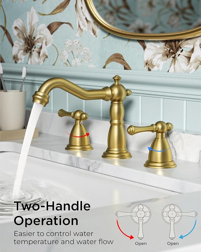 FORIOUS Bathroom Sink Faucet 3 Hole Vintage 8" Widespread Brushed Gold | 6-12 inch 3-hole Install, 2 Lever Handle Antique Bathroom Sink Faucet for Vanity RV Farmhouse with Drain and Supply Lines