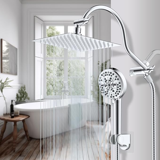 Hibbent All Metal CUPC Certified Shower Head, 8'' High Pressure Rainfall Shower Head, Handheld Showerhead Combo, 12'' Adjustable Extension Arm, 10 Sprays, 71'' Shower Hose, Showerhead Holder, Chrome