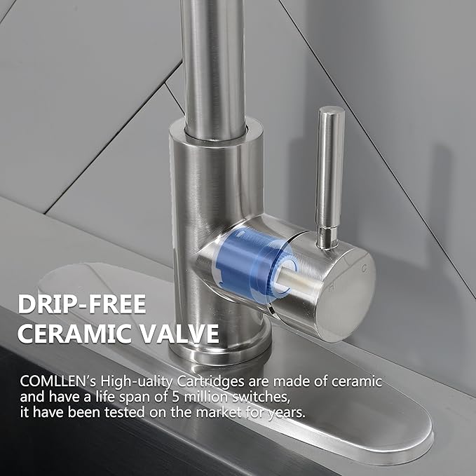 Comllen Wet Bar Sink Faucet, Brushed Nickel, Lead-Free 304 Stainless Steel, 360° Swivel, Single Handle, Small Prep Sink Faucets with Deck Plate for RV Outdoor Laundry Vanity Lavatory