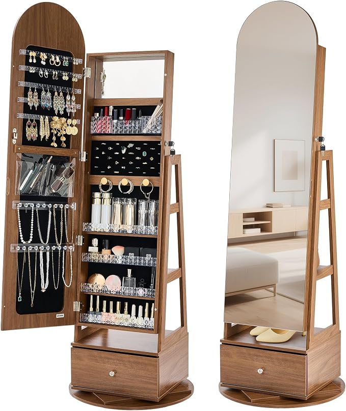 VEVOR 360° Swivel Jewelry Cabinet, 65.1-inch Tall, Full-Length Mirror with Storage, Standing Rotatable Jewelry Armoire Organizer, Lockable with 2 Keys, Accessory Pouches, Storage Shelves and Drawer