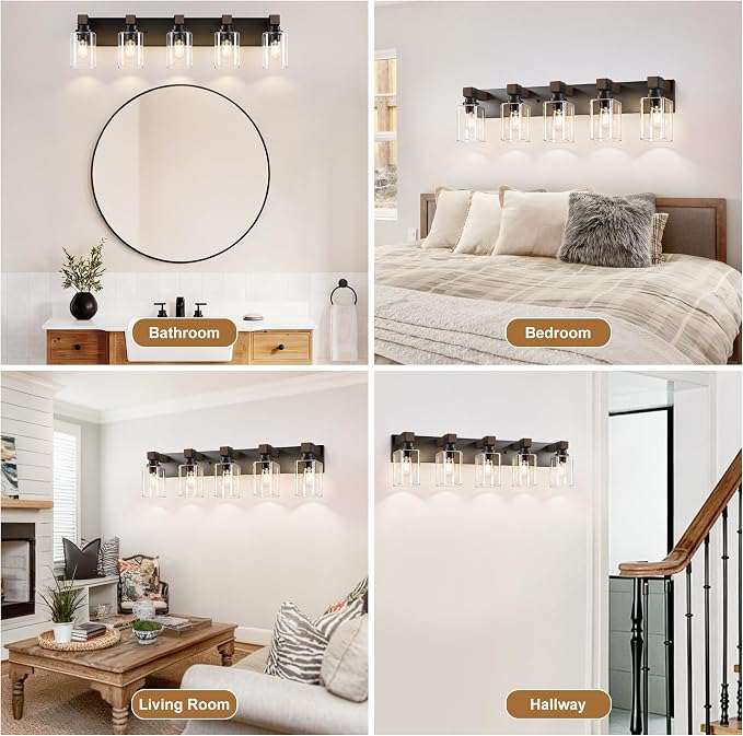 Farmhouse Black 5-Light Bathroom Vanity Light, Square Glass Shade | Vintage Rustic Design, Wood Grain Finish, Matte Black Metal, Wall Mount Over Mirror Lighting Fixtures for Bathroom Restroom