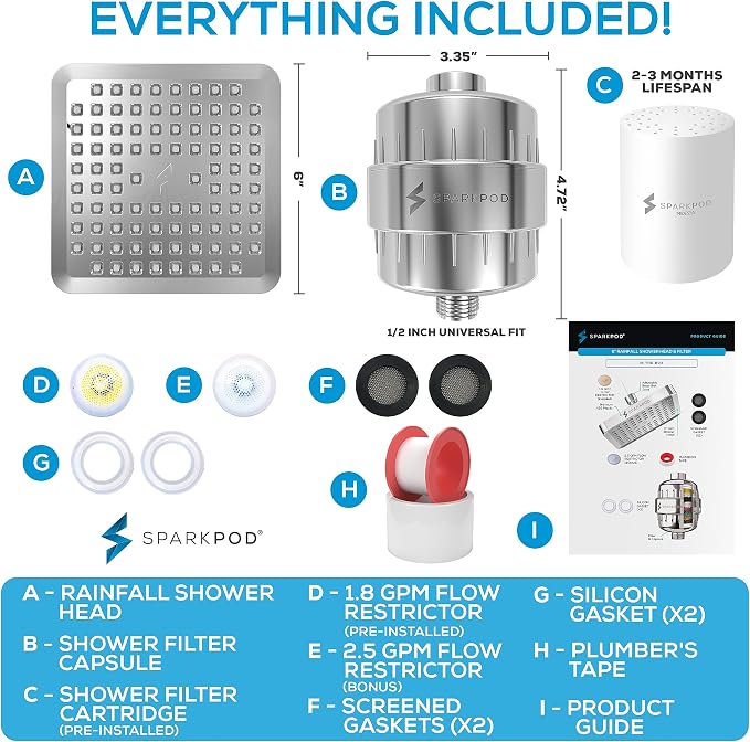 SparkPod Filtered Shower Head, 23-Stage, 6" Square, Polished Chrome | Showerhead for Hard Water, High Pressure, Reduces Chlorine, Heavy Metals, For Dry Skin & Hair, Removable Capsule Filter