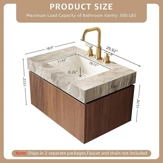 30” Floating Bathroom Vanity with Sink, Wall-Mounted Cabinet with Drawer & Doors, Gray Travertine-Pattern Sintered Stone Top, Undermount Basin, 3 Faucet Hole, Soft-Close, Pre-Assembled, Brown Oak