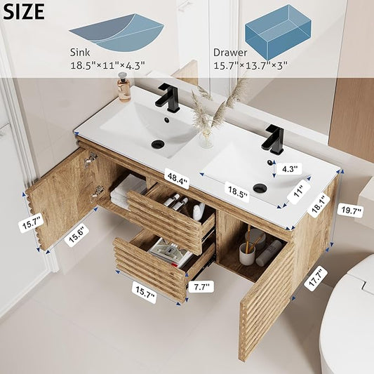 LUCKWIND 48" Floating Bathroom Vanity with Sink, Mid-Century Wall Mounted Big Drawer Cabinet with Sink, Water Saving Faucet and Wood Stripes Style, Oak