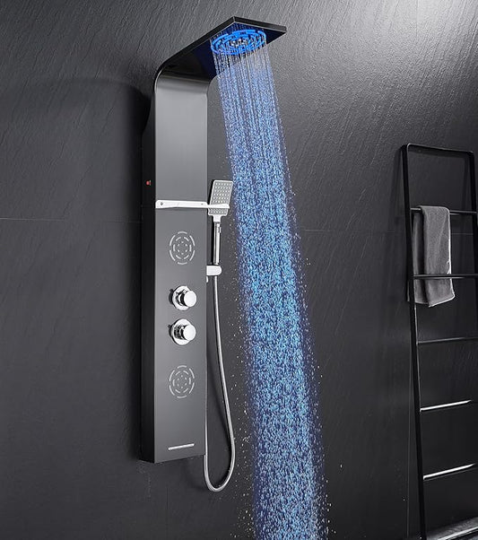 POPFLY LED Shower Panel Tower with Shelf, Mist & Rainfall Shower System | 304 Stainless Steel Shower Tower with 2 Body Massage Jets, Tub Spout, 3-Function Handheld Shower, Matte Black
