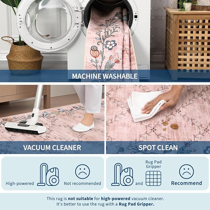 2x6 Modern Floral Area Rug Washable Runner Rug for Hallway Non Slip Low-Pile Stain Resistant Soft Non-Shedding Bathroom Rugs for Nursery Office Dining Room Entryway,Pink