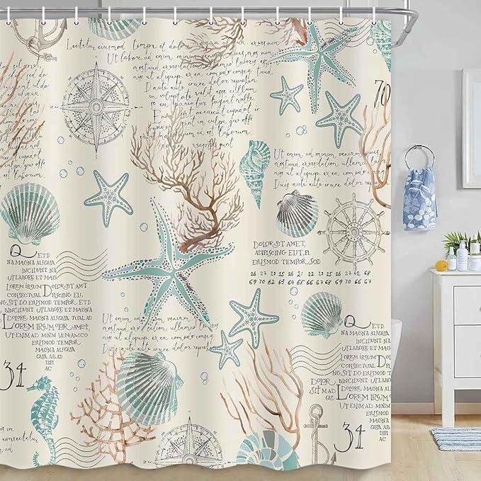 Nautical Coastal Beach Shower Curtain, Coral Starfish Seashell Ocean Bathroom Curtains, Fun Kids Bathroom Shower Curtain with Hooks Set 72 x 72 Inch