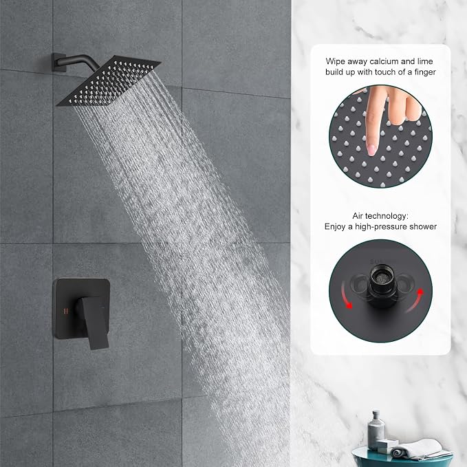 Heyalan 8 Inch Square Rain Shower Faucet Set with Valve, Matte Black | Female-thread 1/2-inch NPT connections, SUS304 shower head, brass rough-in valve, single-handle control Shower Set