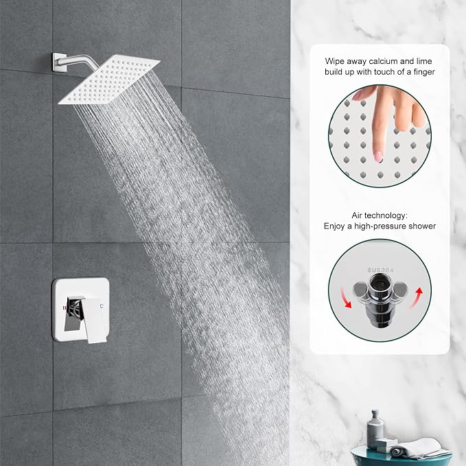 Heyalan 8 Inch Square Rain Shower Faucet Set with Valve, Polished Chrome | Female-thread 1/2-inch NPT connections, SUS304 shower head, brass rough-in valve, single-handle control Shower Set