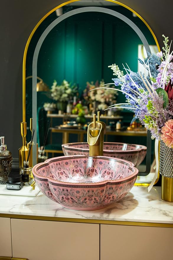 Bathroom Vessel Sinks Europe Style Pink Lucky Flower Ceramic Above Counter Sink for Vanity Top