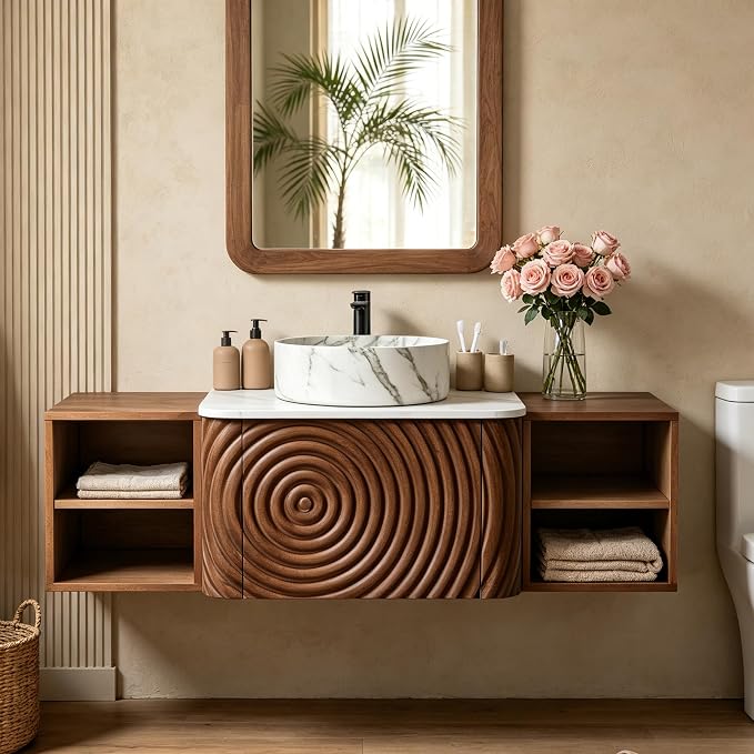 48" Floating Bathroom Vanity with Sink, Mid-Century Wall Mounted Bathroom Vanity Cabinet with Wood Waved Decor,Marble Ceramic Basin and Sintered Stone Top, Soft Close Drawer, 2 Side Open Cube
