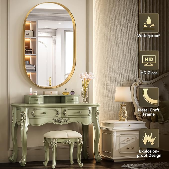 Brightify Gold Oval Mirror for Bathroom Vanity 20x30 Inch, Gold Metal Frame Mirrors for Wall, Modern Mirror for Bedroom Living Room Wall Decorative Hang Vertical and Horizontal