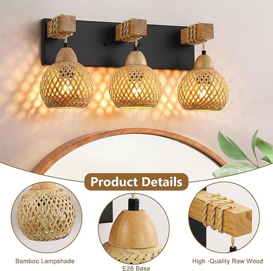 Farmhouse Bathroom Light Fixture, 3-Light Boho Vanity Light, Bamboo Bathroom Light Fixture Over Mirror Rustic Vanity Lighting with Handmade Bamboo Shades, Suit for Restroom, Bedroom, Hallway