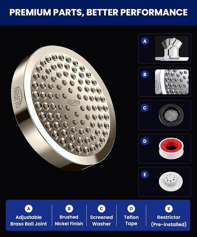 Shower Head - Luxury Brushed Nickel Finish - Rain Showerhead 6 Inch | High Pressure Shower Heads with Adjustable Angles, 90 Anti-Clog Nozzles, Tool-Free 1-Min Install