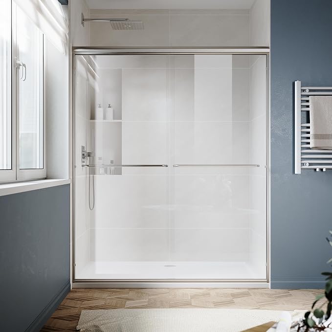 SUNNY SHOWER Double Sliding Glass Door 48" W x 72" H Shower Door 1/4" Tempered Glass Sliding Door Semi-Frameless Shower Glass Enclosure Bypass Walk in Shower Cabin, Brushed Nickel