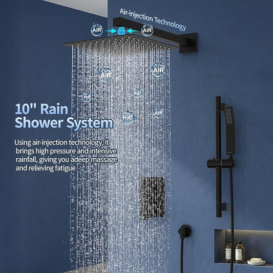 SR SUN RISE 10 Inch Square Shower System with Slide Bar,Matte Black | Rain Head and Handle System,16" Adjustable Shower Slide Bar,Soild Brass,Wall Mount,Included Valve and Trim Kit