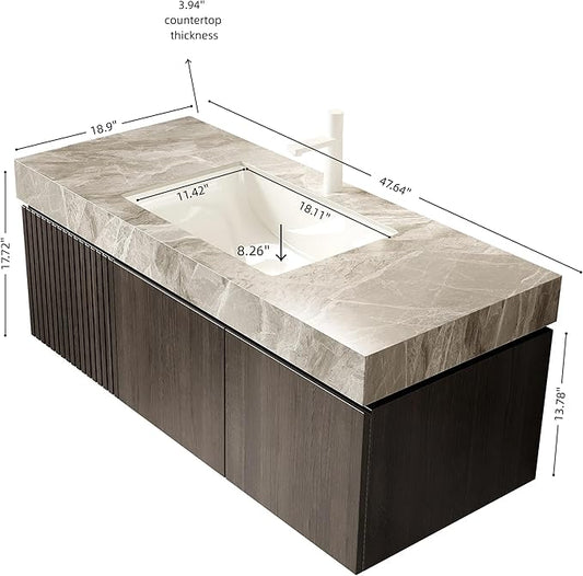 48 Inch Floating Bathroom Vanity with Sink Espresso, Wall-Mounted Bathroom Vanity with Drawer and Doors, Light Gray Sintered Stone Countertop and Ceramic Basin,Pre-Assembled,Espresso