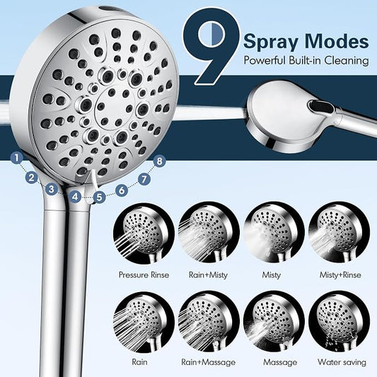 BRIGHT SHOWERS Filtered Shower Head with Handheld, High Pressure 9 Spray Mode Showerhead with Long Hose and Bracket, Water Softener Filters Beads for Hard Water - Removes Chlorine, Chrome