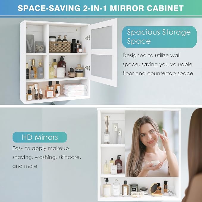 SMIBUY Bathroom Mirror Cabinet Wall Mounted, Bamboo Space Saver Medicine Cabinet, Wall Hanging Over Toilet Storage Cabinet with Mirror Door and Adjustable Shelf (White)