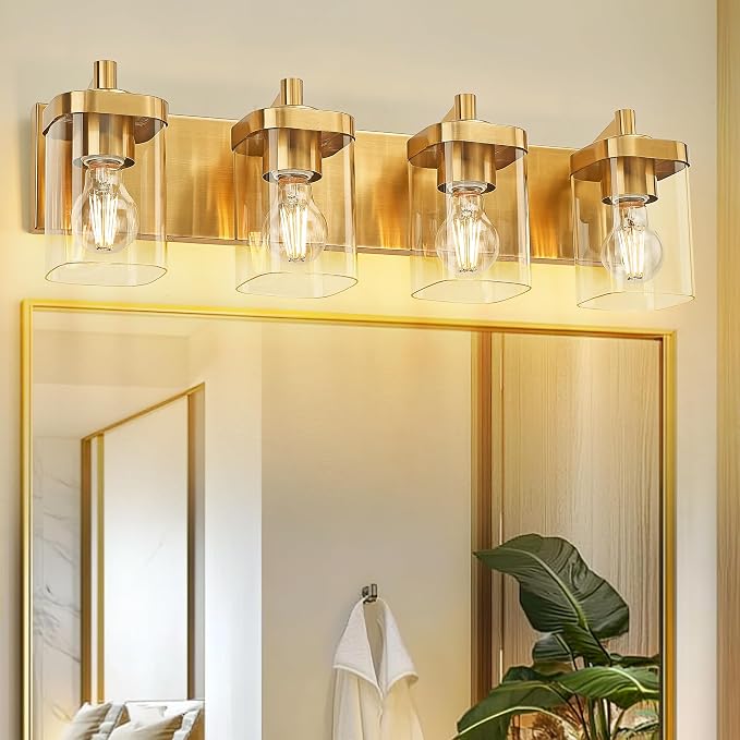 4-Light Brushed Gold Bathroom Vanity Light, Square Clear Glass Shade | Ideal for 28-38" mirrors, 25" modern bathroom light fixtures over mirror, E26 base, bulbs not included, VL194-BG-4