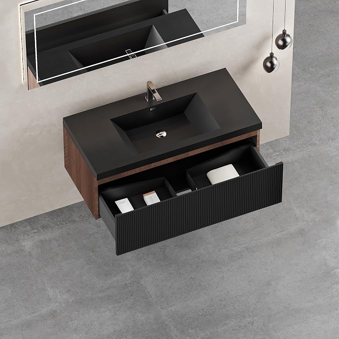 36 Inch Floating Bathroom Vanity, Smoked Walnut Wall Mounted Striped Cabinet, Black Quartz Sand Basin, Soft Close Drawers, Fully Assembled