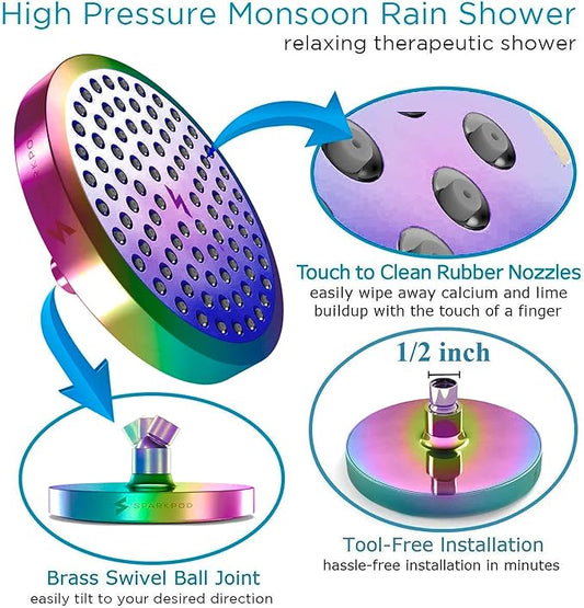 SparkPod Rain Shower Head, 6 Inch Round, Radiant Rainbow Finish | High Pressure Shower Heads, 90 Nozzles, Adjustable Showerhead, No Tools Needed, Universal Connection