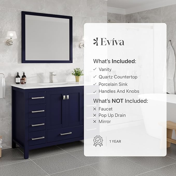 Eviva London 42 in. Blue Single Sink Bath Vanity with Carrara Quartz Top and Undermount Porcelain Sink