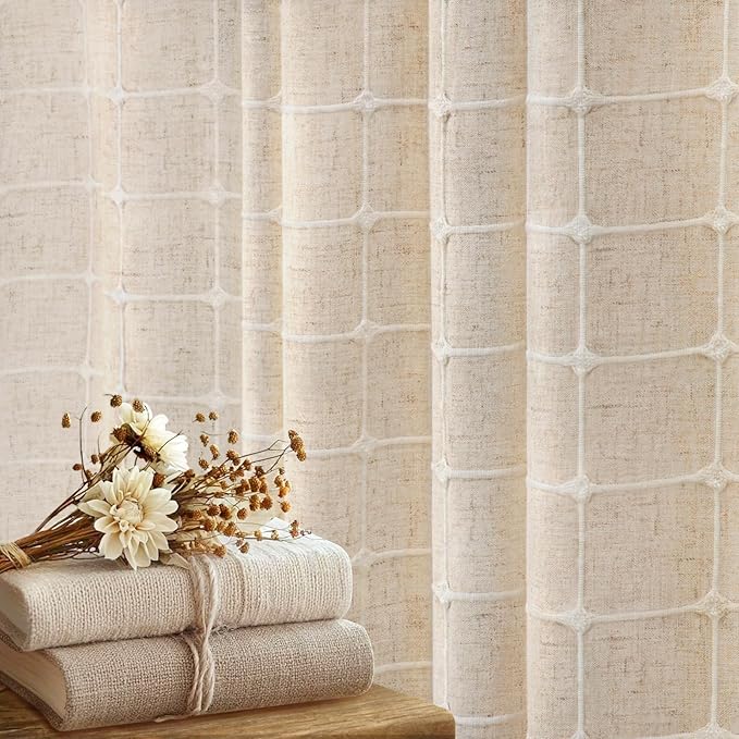 Beige Shower Curtain Linen Texture Farmhouse with Embroidered Plaid Pattern and Boho Tassels for Bathroom,72" W×72" L