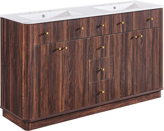 T4TREAM 60 Inch Bathroom Vanity with Sink, Modern Fluted Large Double Sink Bathroom Vanity with 2 Storage Cabinets, Adjustable Shelf, and 3 Small Drawers, Dark Walnut