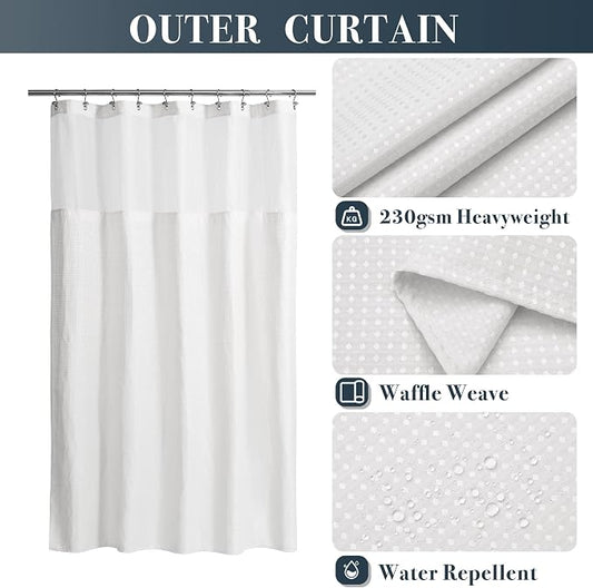 N&Y HOME 54 x 72 Waffle Weave Shower Curtain with Snap-in Liner Set White | 12 Metal Hooks Included, Snap on/off Fabric Liner, Hotel Style & Mesh Top Window, Machine Washable, 54x72 Shower Stall Size