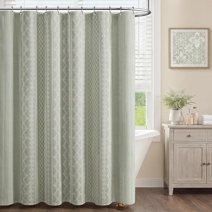 Sage Green Shower Curtain,Boho Linen Fabric for Bathroom with Beige Striped Print,72" W x 72" L