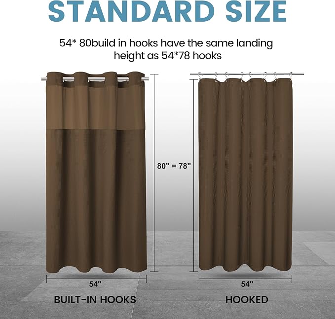 EUTXL Heavyweight No Hook Shower Curtain with Liner, Brown, 54x80 | Snap in Liner, Thick Waffle Fabric, Hotel Quality, Corner Magnets, Waterproof & Washable