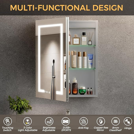 16 * 24 Smart LED Lighted Bathroom Medicine Cabinet Mirror with Touch Control, 3-Color Temperature, Stepless Dimming, 1-Hour Auto-Off – Ideal for Modern Bathrooms and Makeup Routines