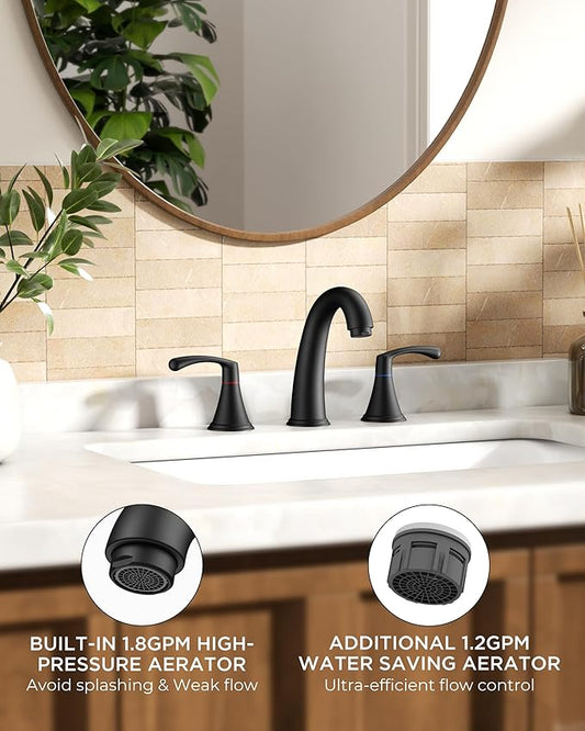 FORIOUS Black Bathroom Faucet 3 Hole, Widespread Bathroom Sink Faucet 8 Inch with Pop Up Drain and CUPC Supply Hose, 2 Handle for Vanity Rv Commercial Lavatory Restroom