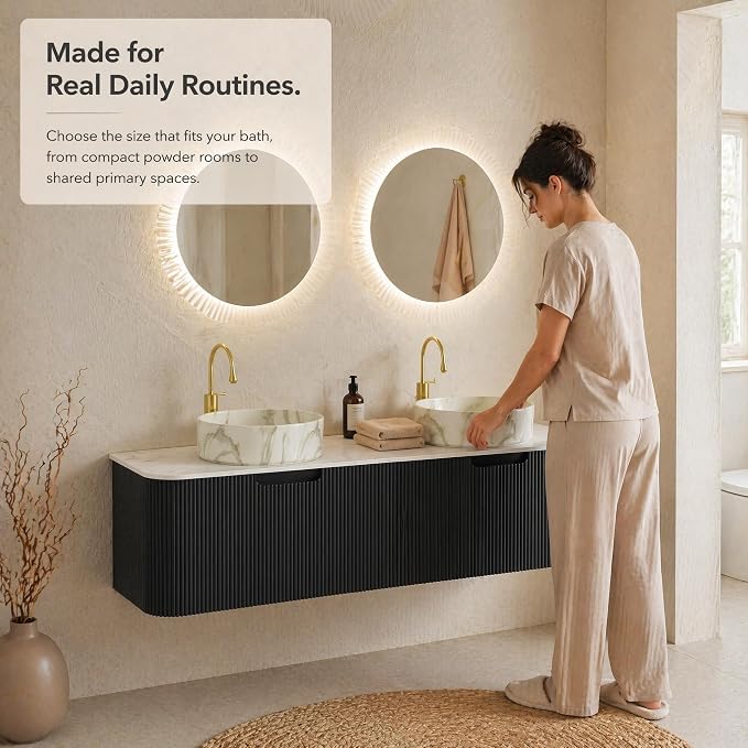 60 Inch Double Sink Bathroom Vanity, Floating Wall Mounted Cabinet, Black Curved Fluted Front, Stone Top, Dual Marble-Look Round Vessel Basins, Pre-Assembled