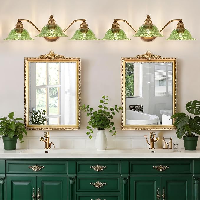 Redluck Vintage Bathroom Vanity Light Fixture, 3-Light Bathroom Lighting Fixtures Over Mirror, Antique Brass Finish with Green Crystal Glass Shade, Wall Sconces Lighting for Bedroom, Living Room
