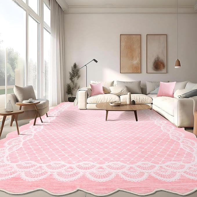 GarveeHome Washable 9x12 Area Rug Scalloped Pink Rug Modern Living Room Rugs Large Washable Girls Bedroom Rugs Abstract Bordered Carpet for Playroom Apartment Table Dorm Nursery, Pink